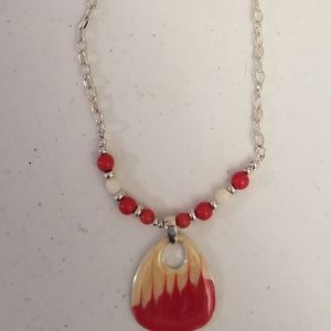 Red and cream color necklace and earring set